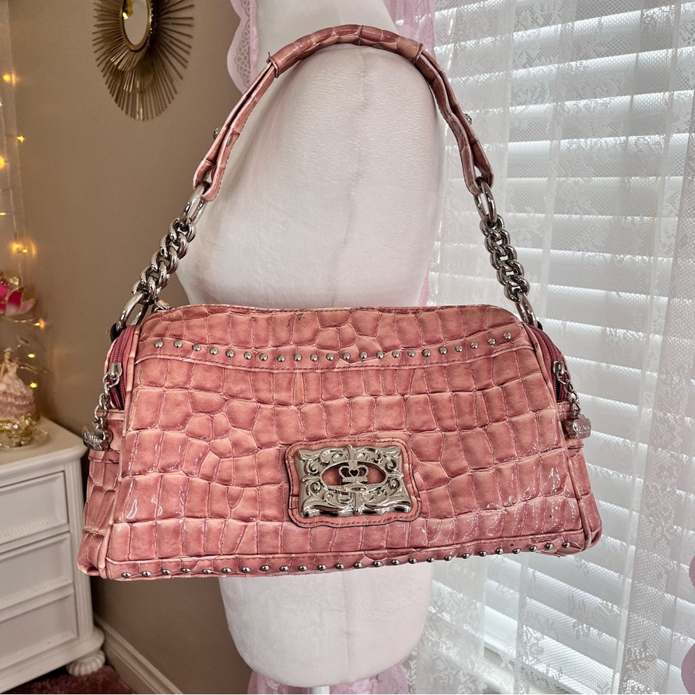 Pink Croc-Embossed Shoulder Bag with Silver Hardware